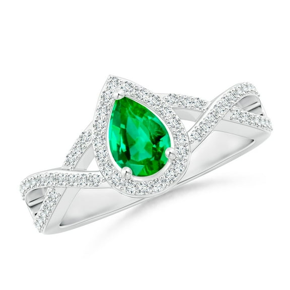ANGARA Natural Twist Shank Pear Emerald Ring with Diamond Halo in 14K White Gold for Women (Size-6x4mm) | May Birthstone, Birthday, Anniversary, Jewelry Gift for Women | Natural Emerald Ring