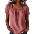 thumbnail image 2 of Xdegoge Womens Linen Elegant Square Neck Short Sleeve Pleated Front Tunic Blouses Textured Lightweight Fabric Casual Loose Fit Vintage Smocked Bodice Work Office Shirts Tees Tops, 2 of 5