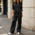 thumbnail image 2 of Xinoom Women's 2 Piece Satin Matching Set, Lapel Button Down Shirt & Drawstring Wide Leg Pants, Elegant Casual Outfit, Gift for Ladies, Dinner Gathering Black,XS, 2 of 7