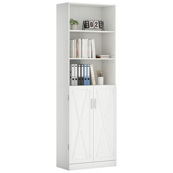 Industrial Bookshelf with Door, 6 Tier Farmhouse Book Shelf with Adjustable Shelves,70" Tall Display Etagere Bookcase,Floor Standing Unit Book Case Furniture for Home Office,Living Room (White)