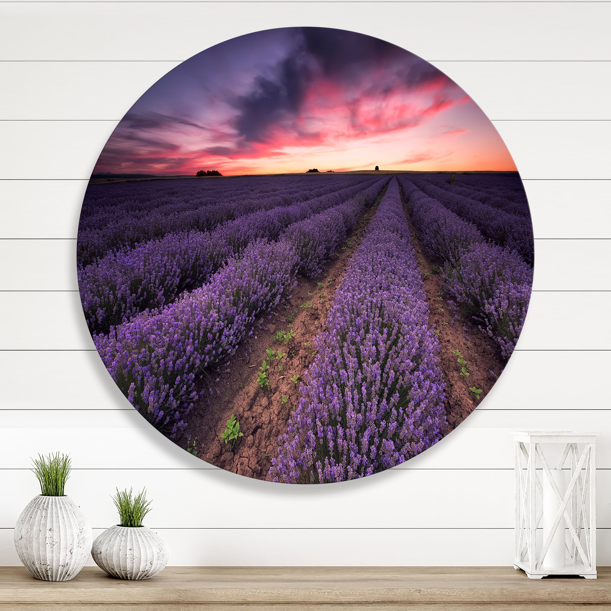 Designart 'Dramatic Clouds and Sunrise Over Lavender Field IX' Farmhouse Circle Metal Wall Art 11x11 - Disc of 11