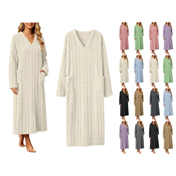 Women's Fleece Bathrobe V-Neck Long Sleeve Cable Knit Textured Robe with Pockets Cozy Homewear for Fall Winter