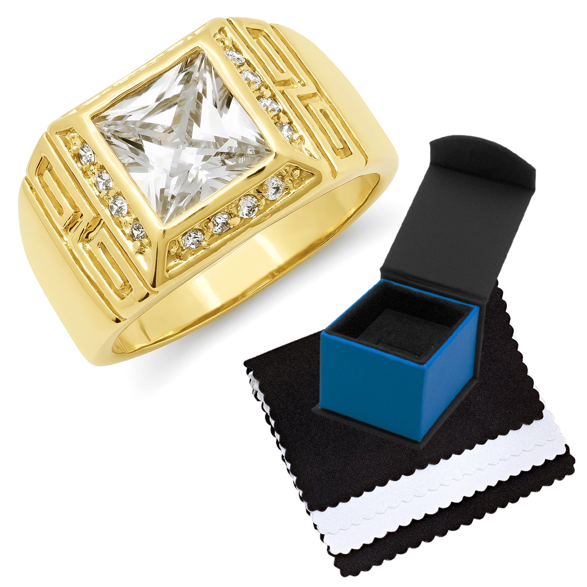 Men's Bling Brass 14k Gold Plated All Around CZ Band Square Dome Pinky Rings 