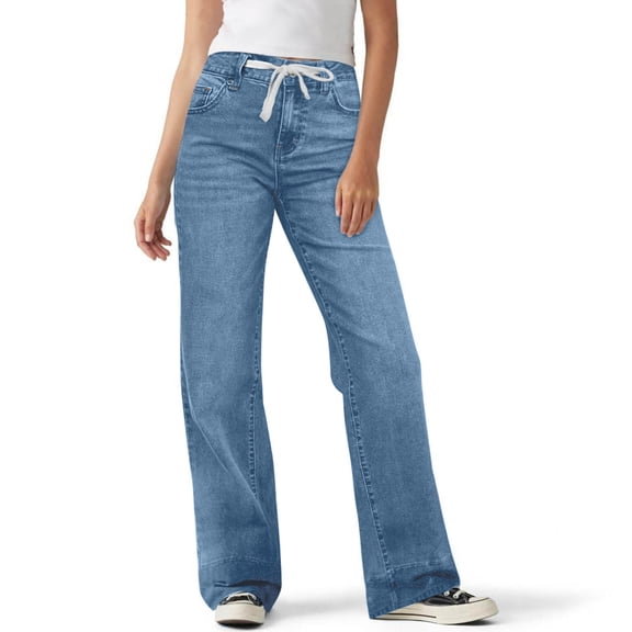 PFRNLF Women's Wide Leg Jeans Drawstring High Waisted Baggy Stretchy Denim Pants