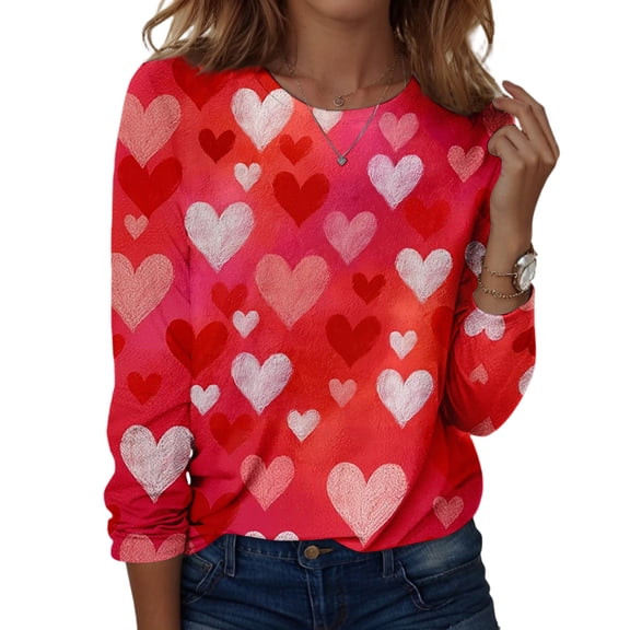 Valentine Day Shirts Womens Long Sleeve Love Heart Print Funny Blouse Crew Neck Casual Plus Size Tops Wine L