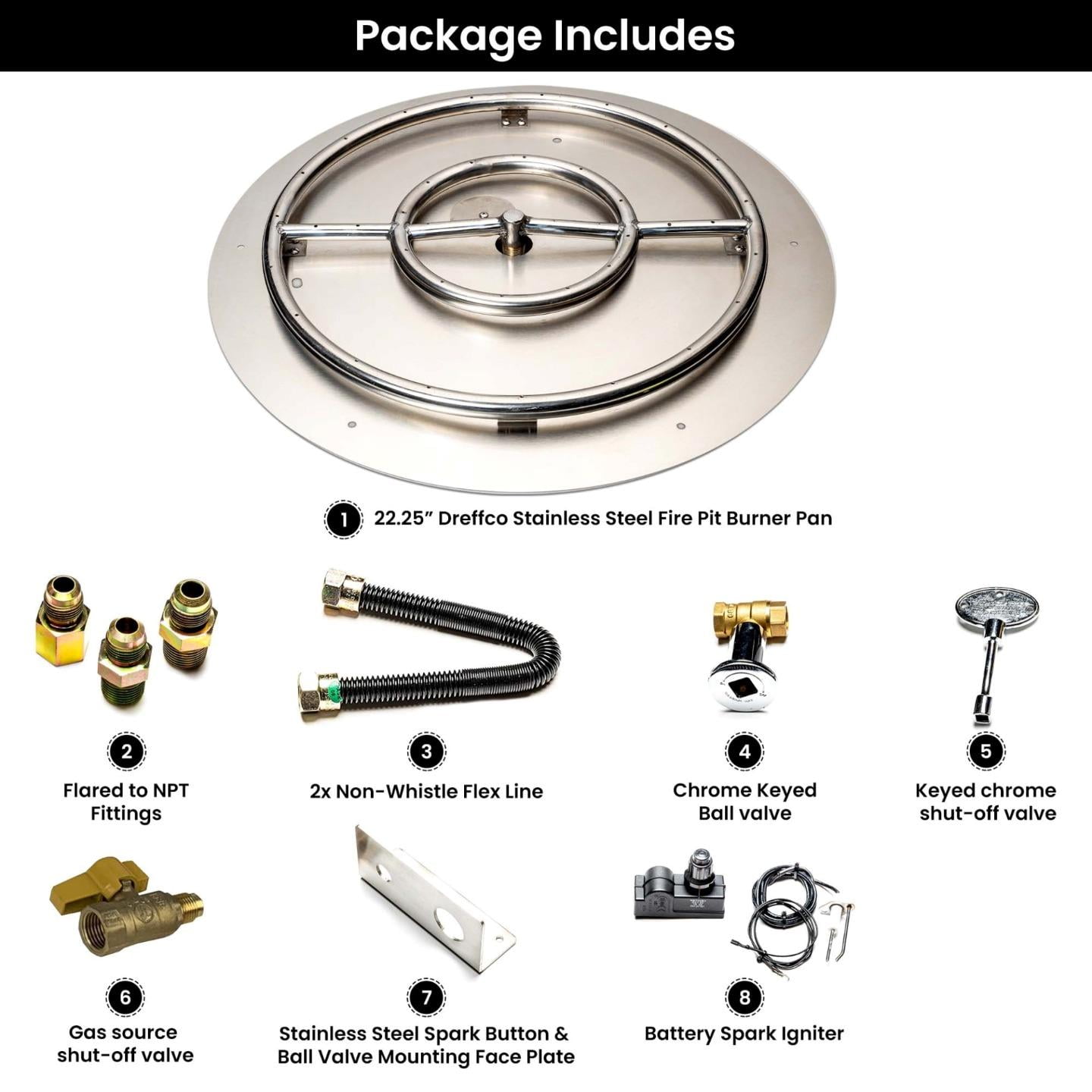 Dreffco Stainless Steel Fire Pit Burner Pan & Ring Deluxe Kit for Natural Gas, 22-Inch Pan, 18-Inch Ring, 150,000 BTU Max