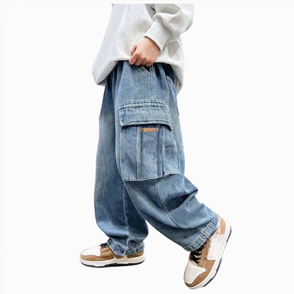 Cdudpw Boys Baggy Jeans, Y2K Pants with Cartoon Embroidery - Fashion Loose Fit Casual Pants with Pockets for Kids.
