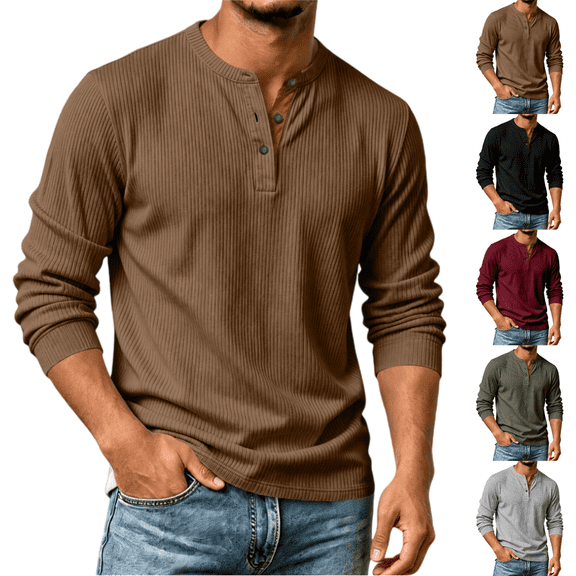 longantii Men's Long Sleeve Henley Shirts Casual Textured 3-Button Pullover Solid Warm Basic Tops Soft Fall Workout Shirts