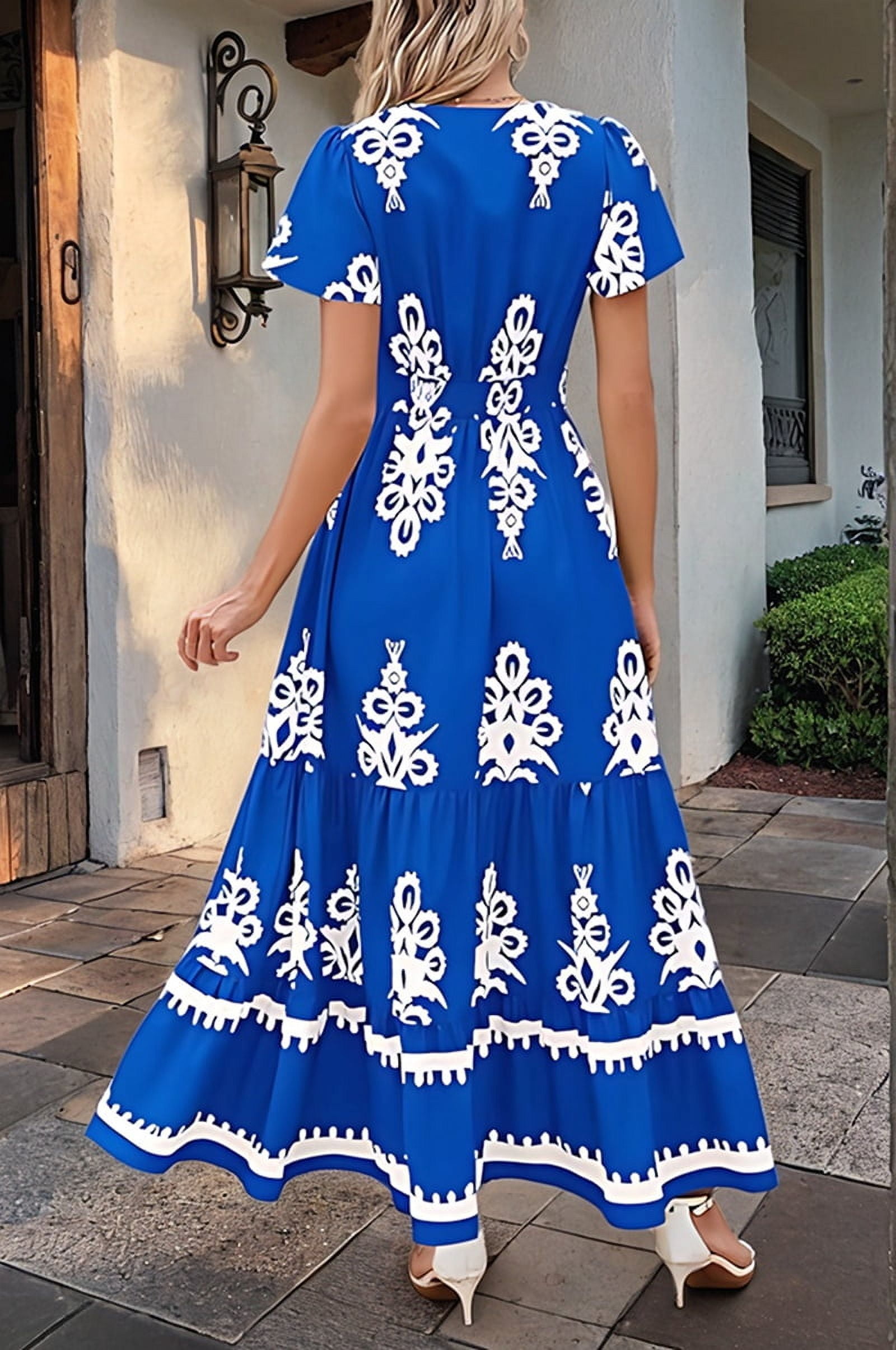 Womens 2025 Summer Casual V Neck Boho Maxi Dress Flowy Aline Bell Sleeve Tiered Floral Dresses with Pocket Blue L