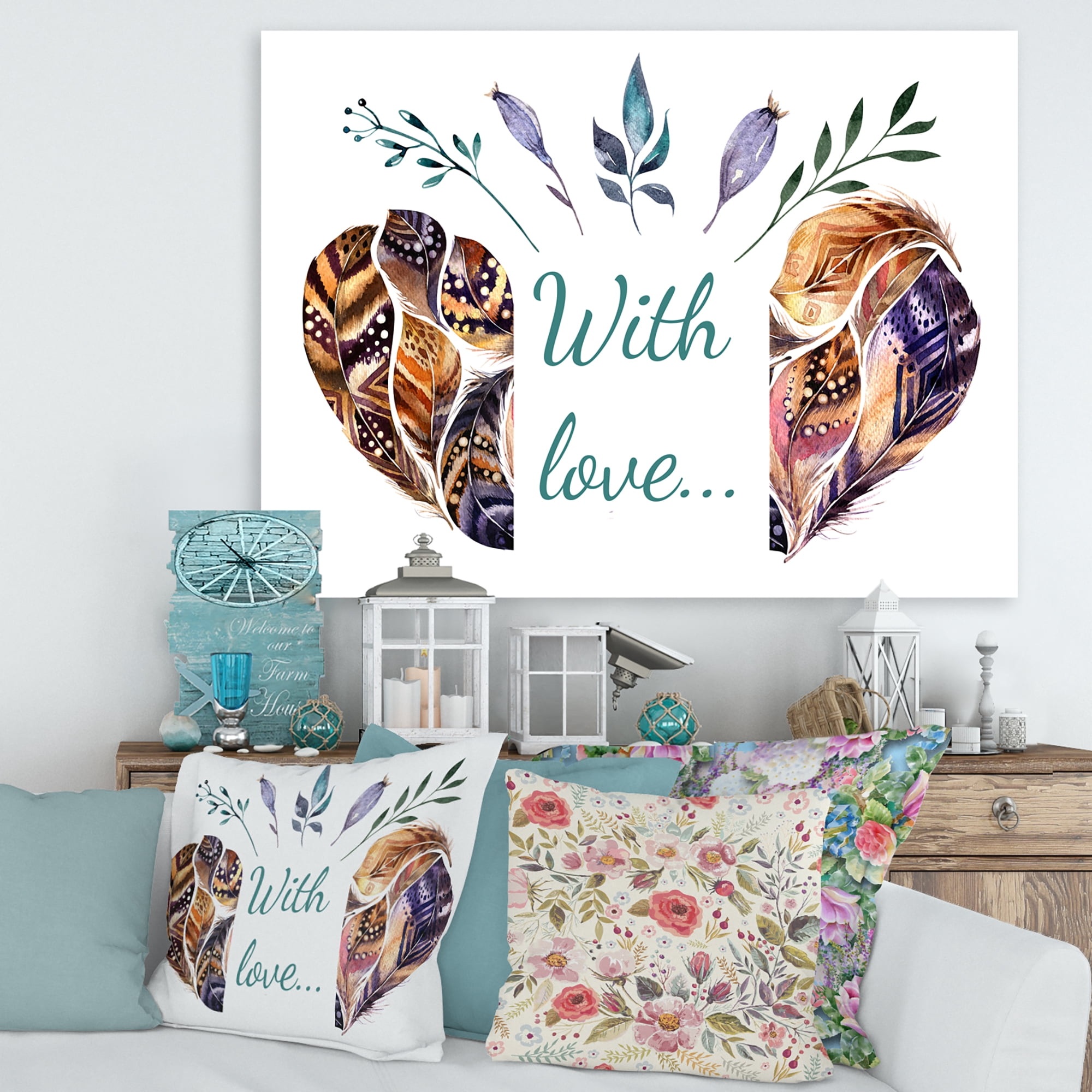 Designart ' Hearted Shaped Feathers With Love ' Traditional Canvas Wall Art Print