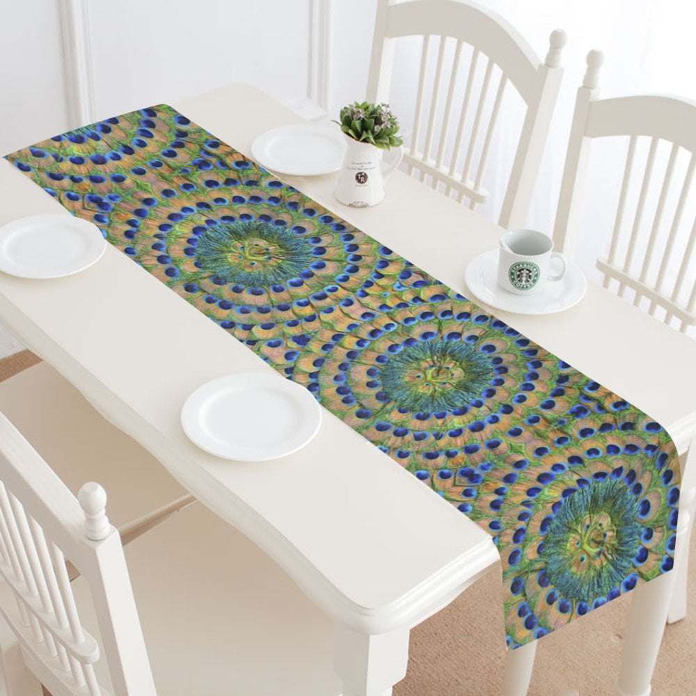 MYPOP Peacock Feathers Table Runner Placemat 16x72 inches, Ethnic Boho
