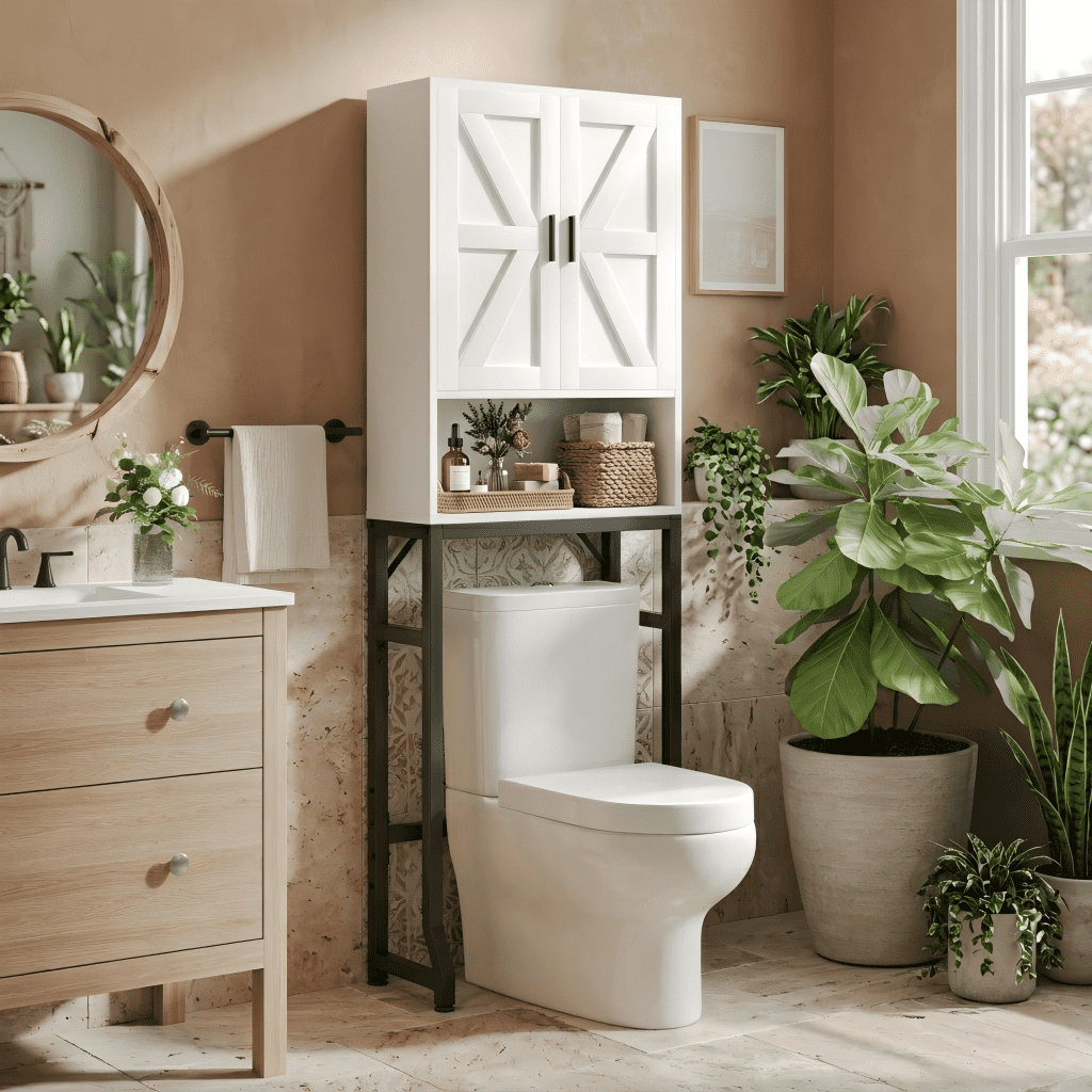 Fil-fresh Over The Toilet Storage Cabinet, Bathroom Organizers and Storage with Barn Doors, Thicken Metal Stand & MDF Wood Above Toilet Storage Cabinet, Freestanding Space Saver, White