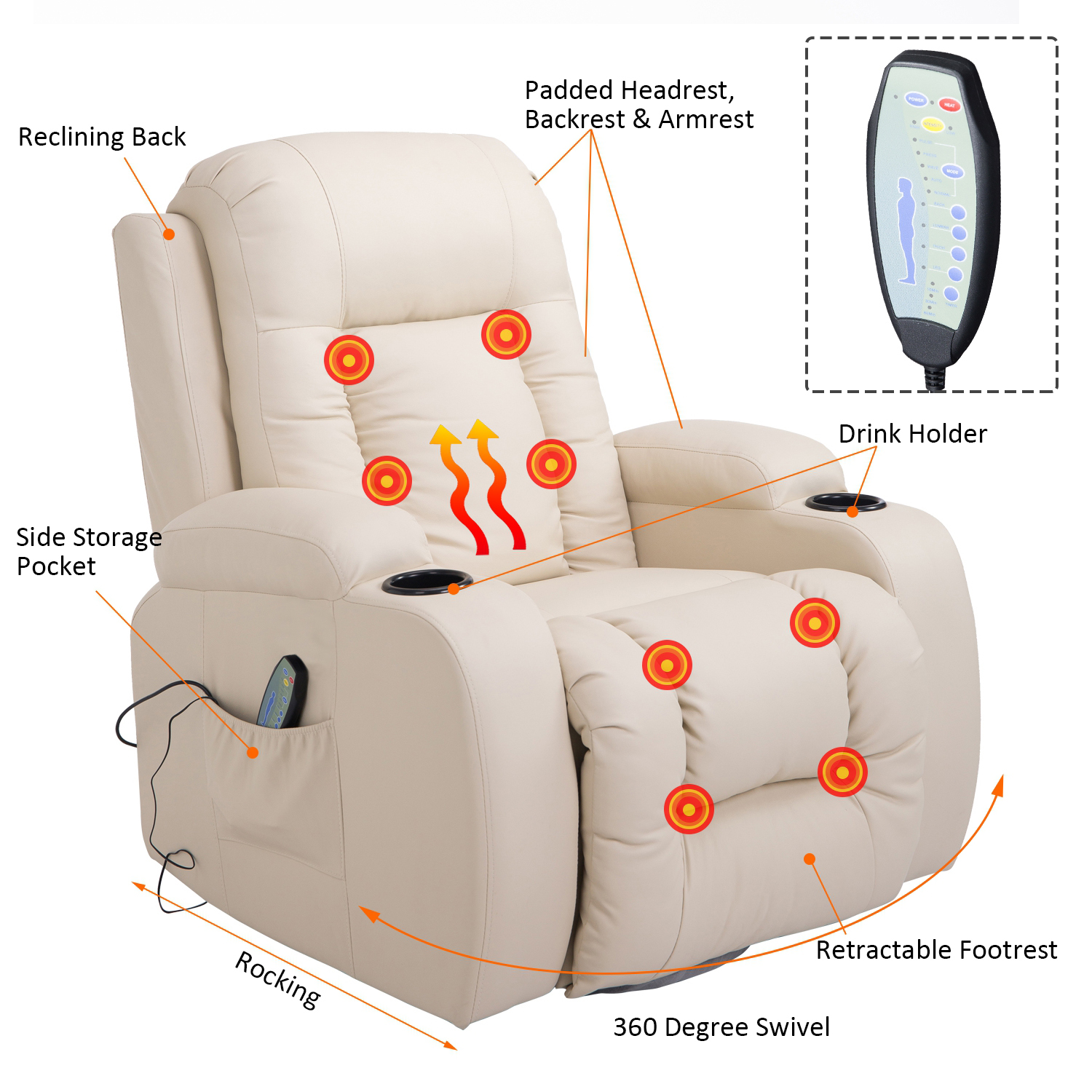 HOMCOM Massage Recliner Chair Heated Vibrating PU Leather Ergonomic Lounge 360 Degree Swivel with Remote - Cream White - image 3 of 8