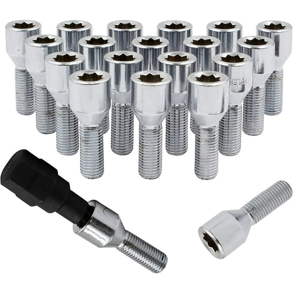 Set of 20 Chrome M14x1.5 Socket Tuner Lug Bolts Cone Seat Acorn 8 Point Tuner 28mm Shank Length Small Diameter Wheel Lug Bolts with Dual Hex Key