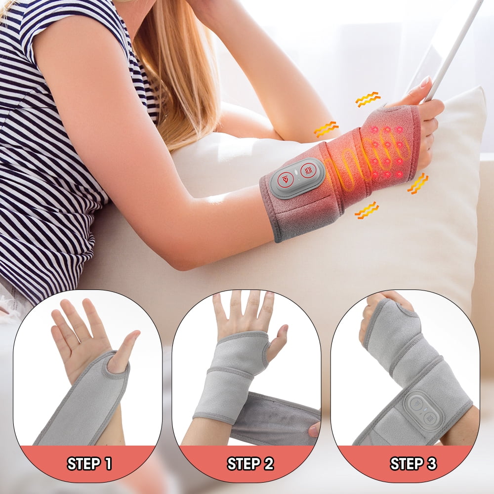 Cordless Heated Wrist Wrap, 3 Heat & 3 Massage Modes,  Red Light (660/850nm), 3000mAh Rechargeable Battery, Hand Heating Pad with Thumb Hole Design for Wrist Hand Arm