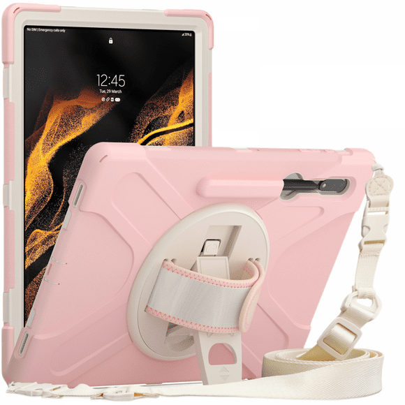 For Galaxy Tab S8 Ultra 2022: Military Grade Heavy Duty Silicone Case for Tablet S8 Ultra 14.6" with S Pen Stand + Swivel Stand + Handle + Shoulder Strap - Cherry Blossom Pink