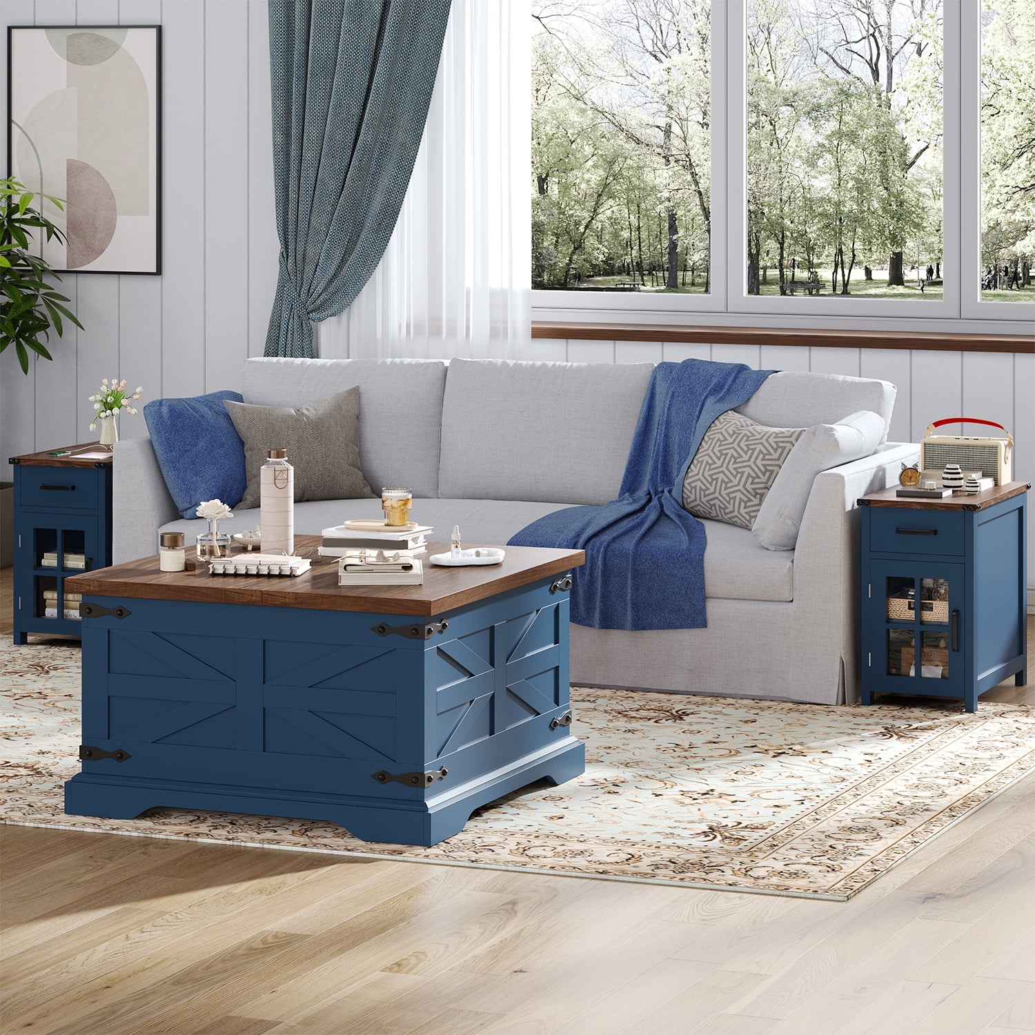 Winkalon Farmhouse Coffee Table, Square Wood Center Table with Storage and Lift Top, Metal Corners for Living Room, Blue