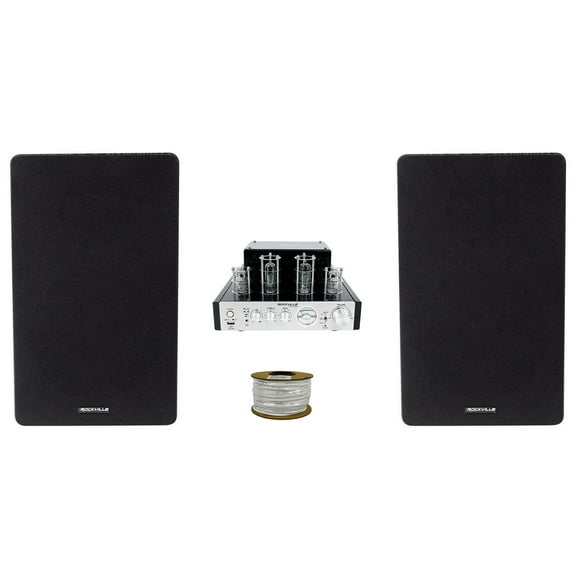 Rockville BluTube Tube Amplifier w/ Bluetooth+(2) 6.5" Black Bookshelf Speakers + Rockville BLUE 14G50 OFC 14 Gauge 50 Foot 100% Copper Speaker Wire