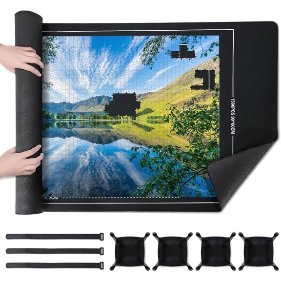 Black Puzzle Rubber Pad with 4 Drawers,Roll-Up Mat with Non-Slip Rubber Bottom and Fabric Top Easy to Store and Carry for Storing Assembled Puzzle Accessories