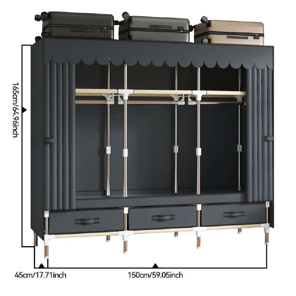 ArluKin 59Inch Portable Wardrobe Closet, 3 Storage Spaces with 3 Hanging Rods,3 Drawers，Steel Frame Fabric Organizer, Easy Assembly and Dust Resistant Design, Gray