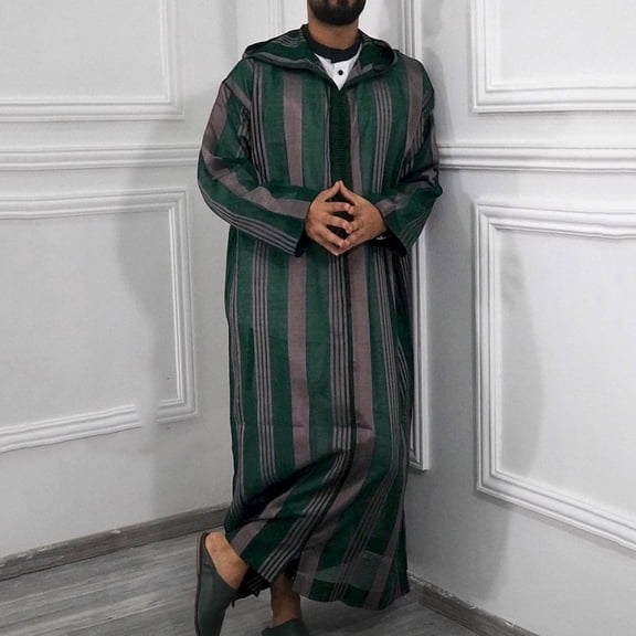 SIYUDAN Kaftan Thobe for Men Casual Long Sleeve Long Gown Shirt Striped Hooded Robe with Half Zipper Muslim Robe Men green Abaya