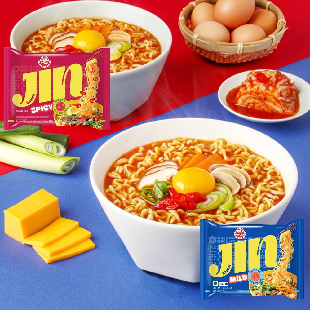 (2 pack) OTOKI Jin Ramen Korean Noodles 2 Flavor Combo Mild and Spicy 4 Packs