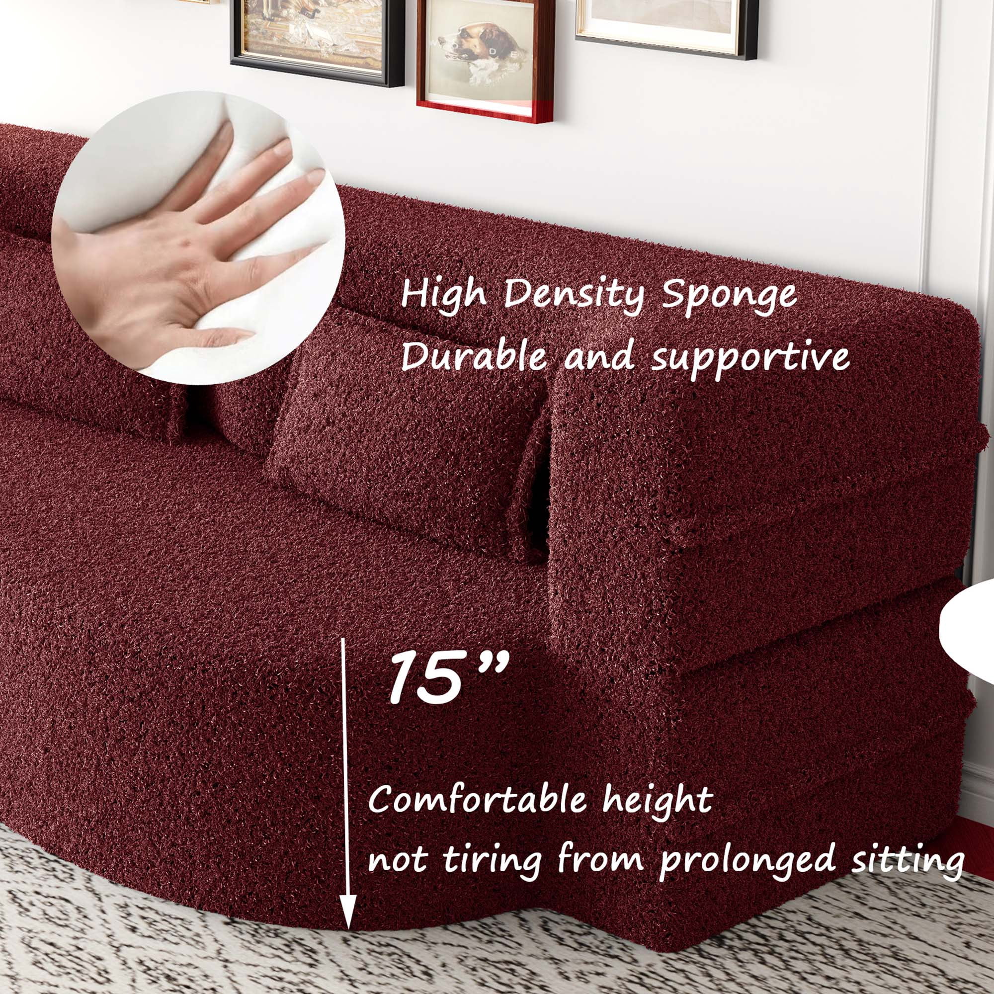 Miniyam Floor Sofa with 2 Pillows,Convertible Teddy Fabric Foam-Filled Sleeper Sofa Bed for Living Room,Guest Bed, Burgundy