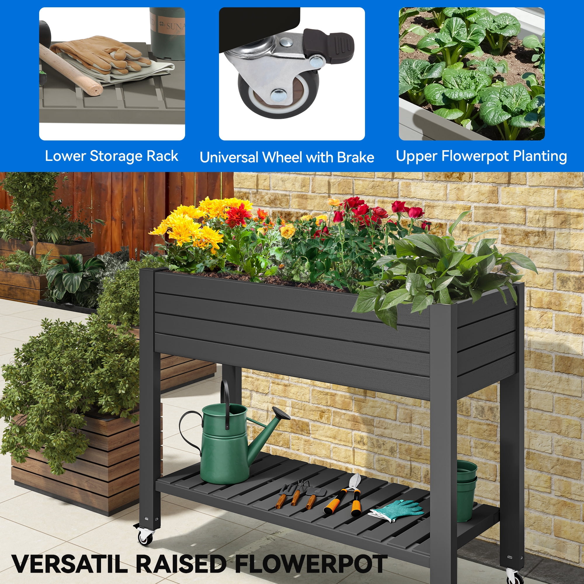 Dextrus Large Outdoor Elevated Resin Garden Bed,Patio Planter Box with Legs&Wheels and Storage Shelf for Plants and Flowers,Ideal for Outdoor Gardening - Black