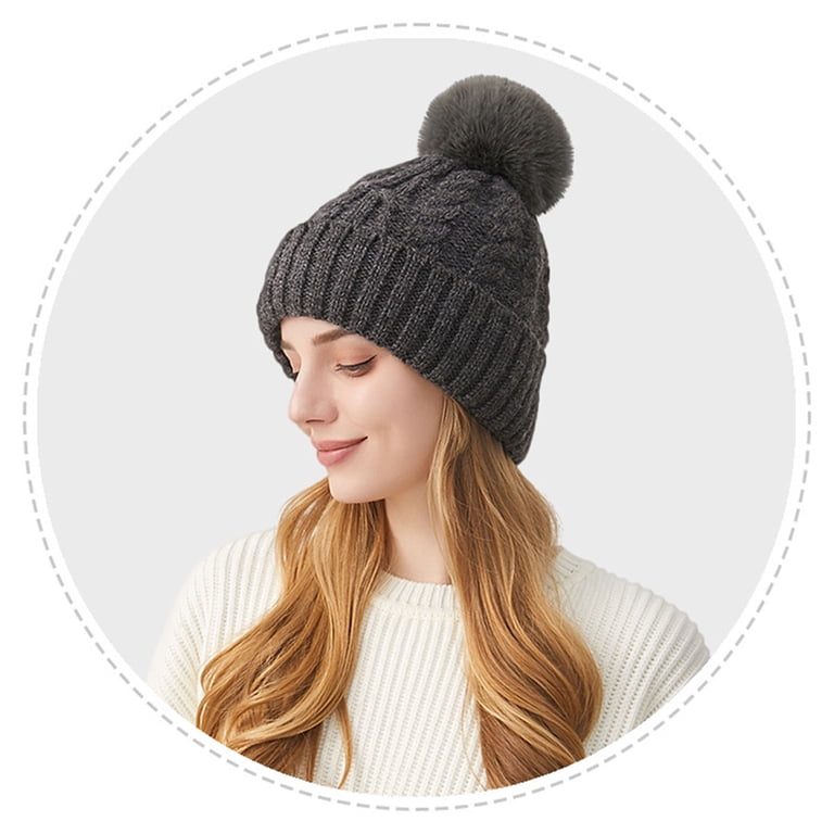 ?Womens Winter Ribbed Beanie Dark Grey Cap Chunky Cable Knit Pompom Soft Warm Womens Winter Ribbed Beanie Crossed Cap Chunky Cable Knit  main image 2