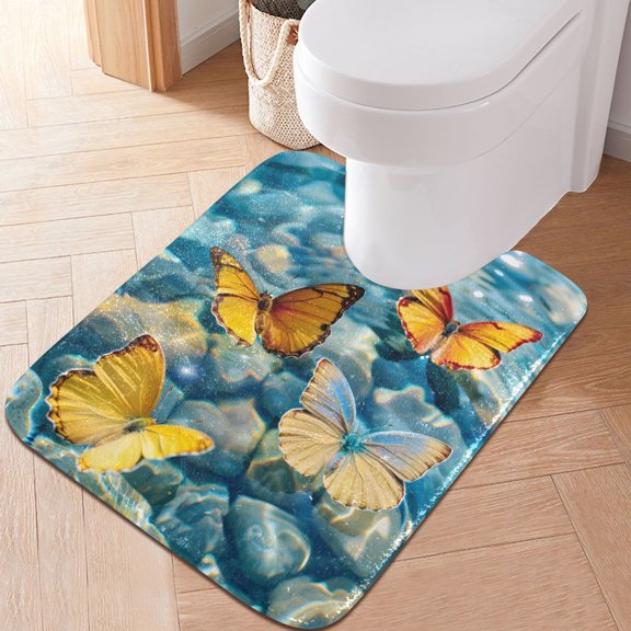 Toilet Rug U-Shaped Bathroom Rugs Non-Slip Soft Plush Machine Washable Contour Bath Mat Butterflies on Clear Water 24x20