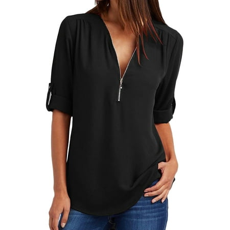 DYMADE Women's Zip Front V-Neck 3/4 Sleeve Tunic Casual Top