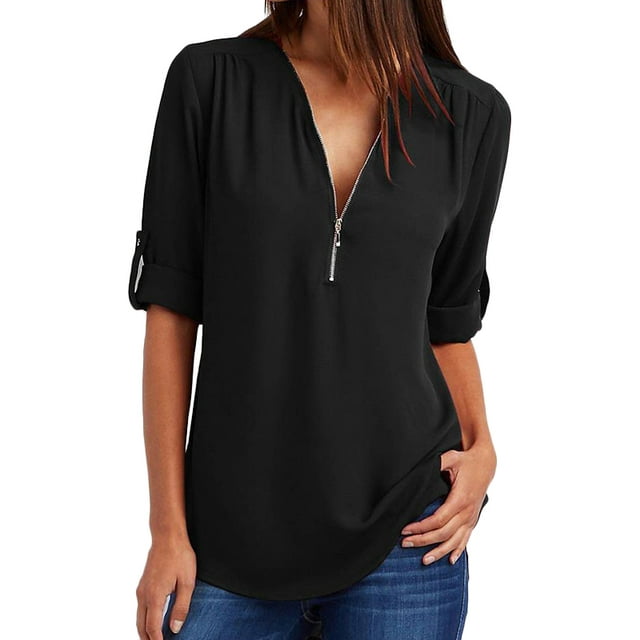 DYMADE Women's Zip Front V-Neck 3/4 Sleeve Tunic Casual Top - Walmart.com
