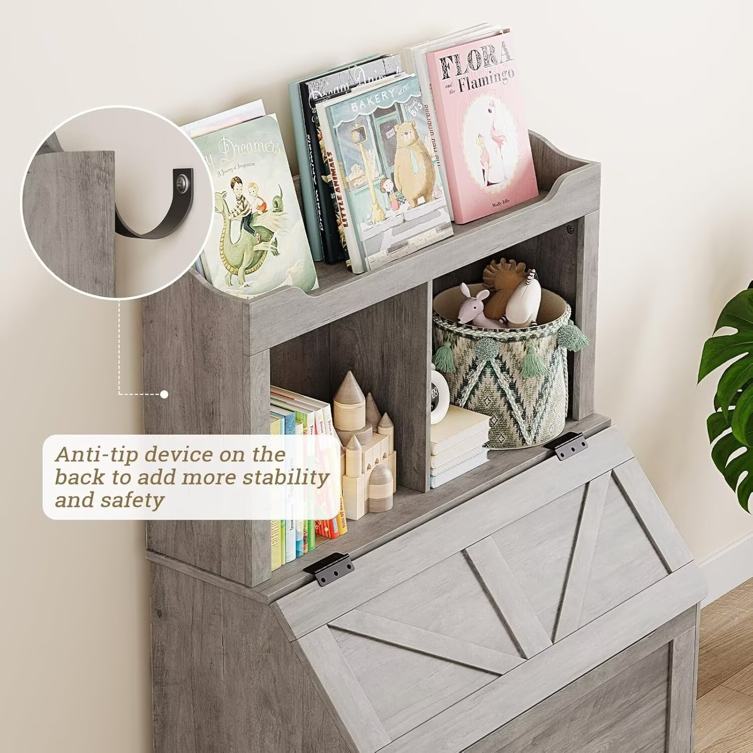 Kids Book shelf and Toy Storage Box, 3-layer Wooden Toy Storage Box with Flip Storage Box and 2-layer Children's Bookshelf, Suitable for Playroom, Bedroom Living Room, Kindergarten, Grey