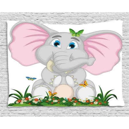 Butterfly Tapestry Wall Hanging - Elephant Nursery Decor Tapestry, Friendly Elephant Cartoon in Garden Daisies Butterflies Huge Ears, Wall Hanging for Bedroom Living Room Dorm Decor, 60W X 40L Inches, Multicolor, by Ambesonne