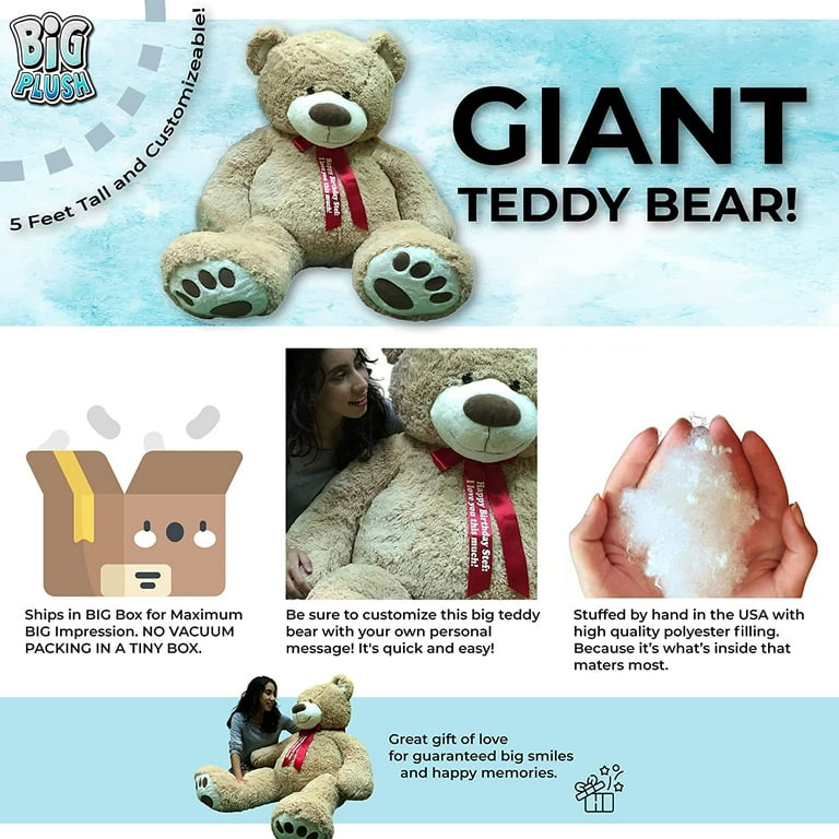 Big Plush Giant Teddy Bear Five Feet Tall Tan Color Soft Smiling Big Teddybear 5 Foot Bear
