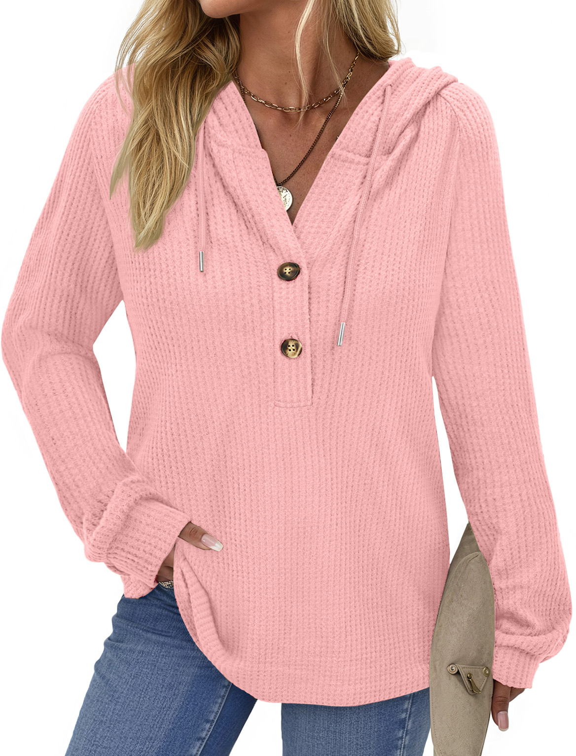 Fantaslook Women's Waffle Knit Hoodie, Button V-Neck photo 1