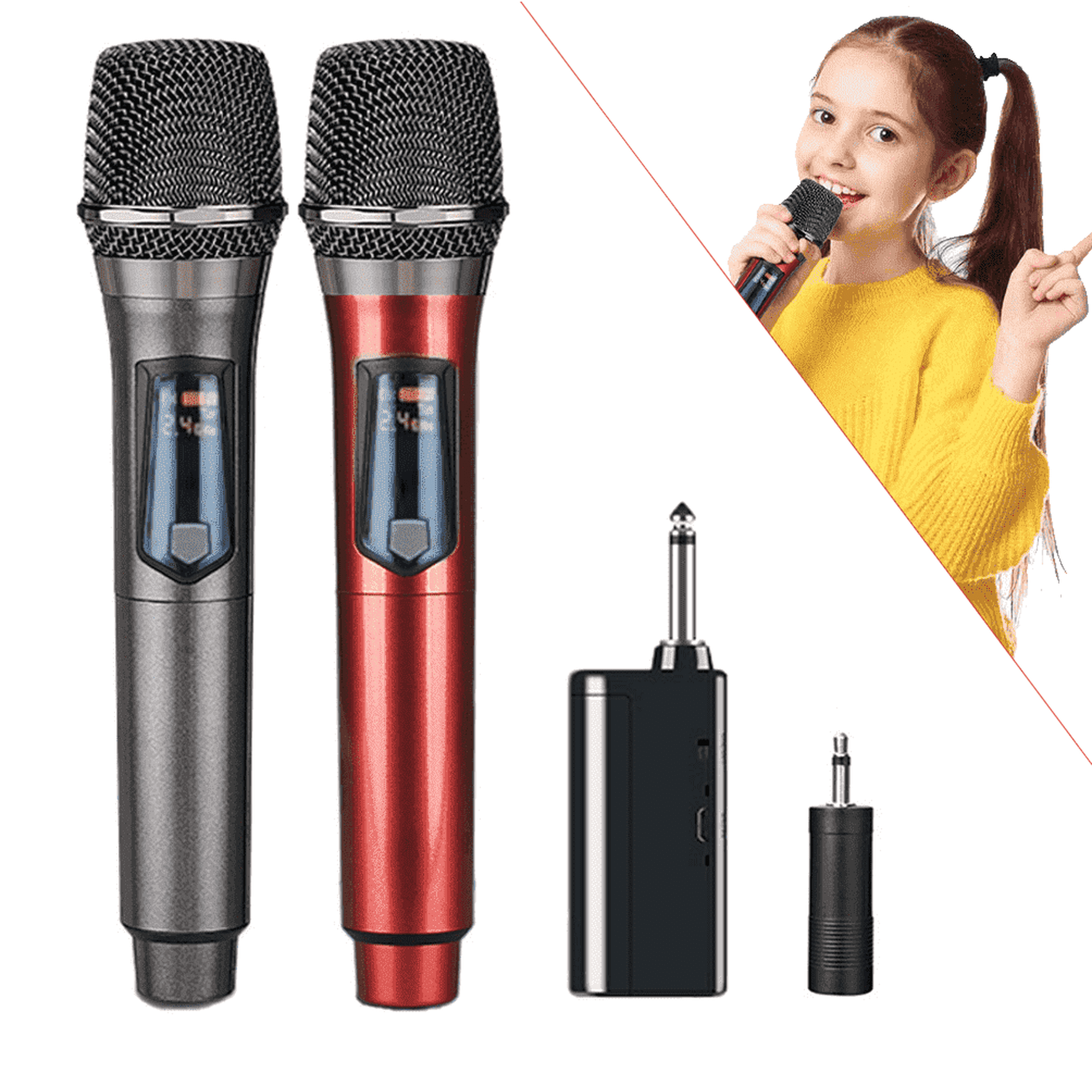 2.4G rechargeable handheld wireless dual microphone, dynamic wireless microphone, suitable for karaoke singing, weddings DJ、 Party, speech, church, classroom use, PA system, 200 feet, gray and red