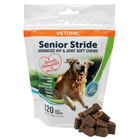 Senior Stride Hip & Joint Mobility Supplement for Senior Dogs, 120 Soft Chews with Glucosamine, Chondroitin, MSM, HA, & Creatine for Arthritis Pain & Inflammation, Made in the (Best Painkiller For Hip Pain)