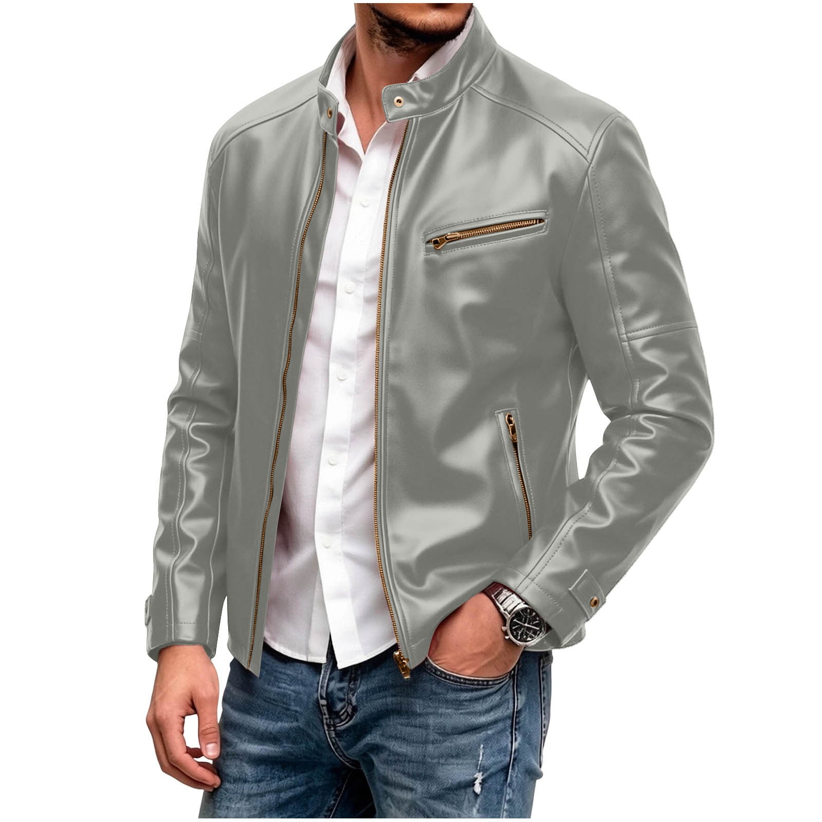 Kukoosong Men s Stand Collar Full Zip PU Leather Jacket Solid Color Long Sleeve Casual Biker Coat with Multi Zipper Pockets Slim Fit Fashion Outerwear for Fall Winter Daily Wear
