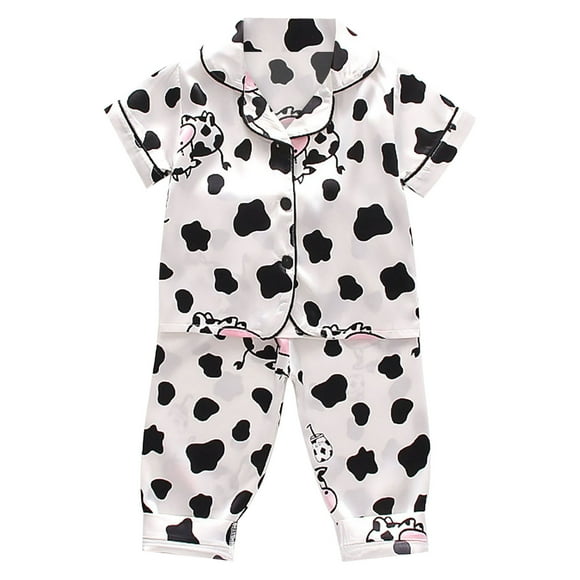 LUOGENLI Girls Pajamas Size 14-21 Soft Toddler Kids Boys Girls Satin Short Sleeve Cartoon Button down Shirt Tops + Long Pants Silk Pajamas Sleepwear Outfits Loungewear Set White 1-2 Years