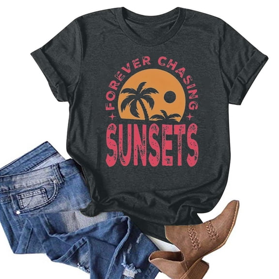 Babysbule Womens Summer Tops Summer Beach Printed T-shirt With Round Neck And Short Sleeved Top
