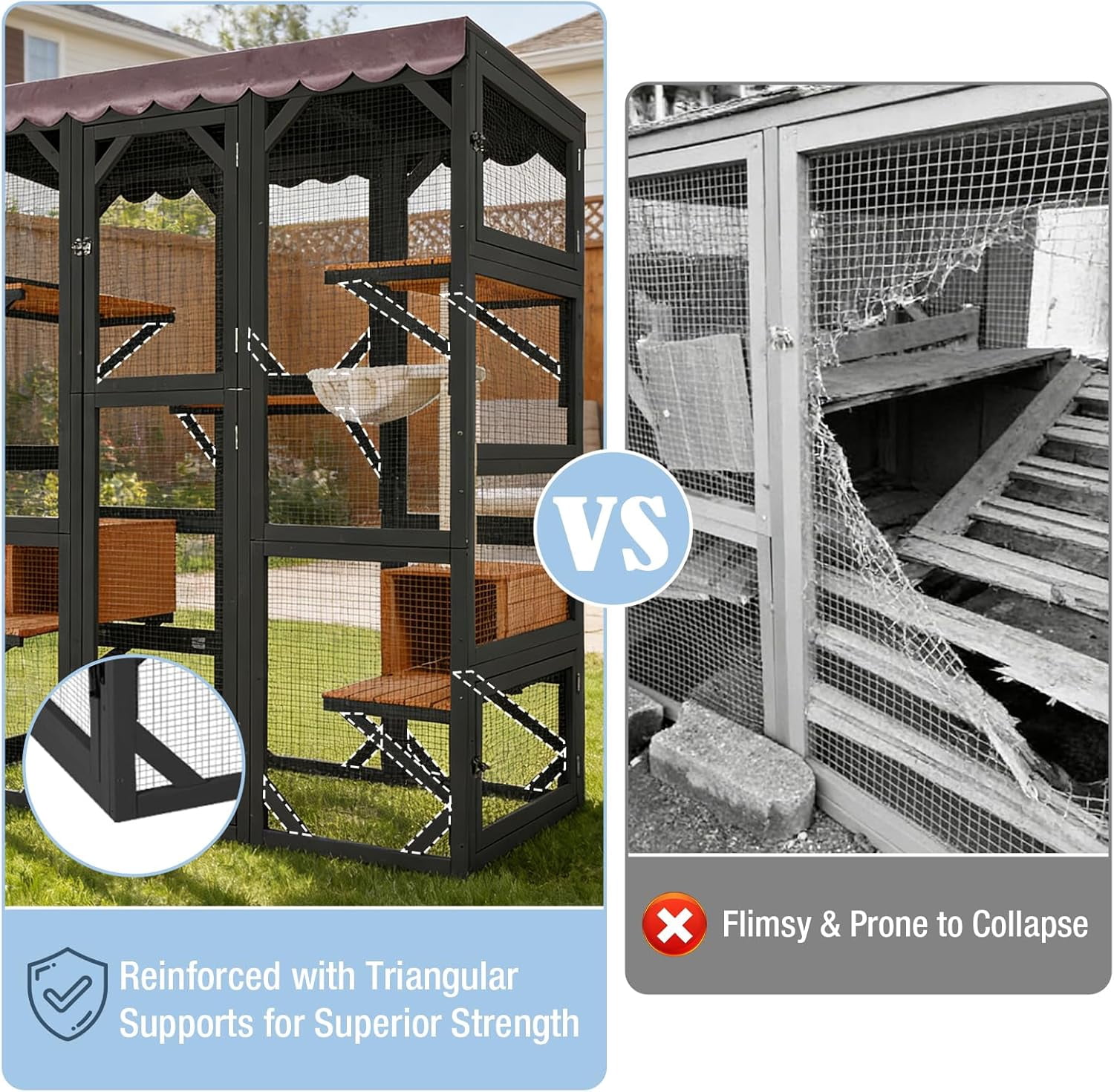 Aivituvin Catio Outdoor Cat Enclosure 70" Large Window Catio Wooden Cat House Walk-in Cat Cage with 7 Platforms Waterproof Cover for 2-6 Cats (Black)