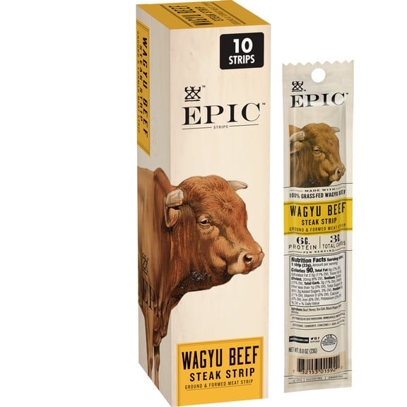 EPIC Wagyu Beef Steak Strips, Grass-Fed and Paleo Friendly Snacks, 10 Count, 8 oz