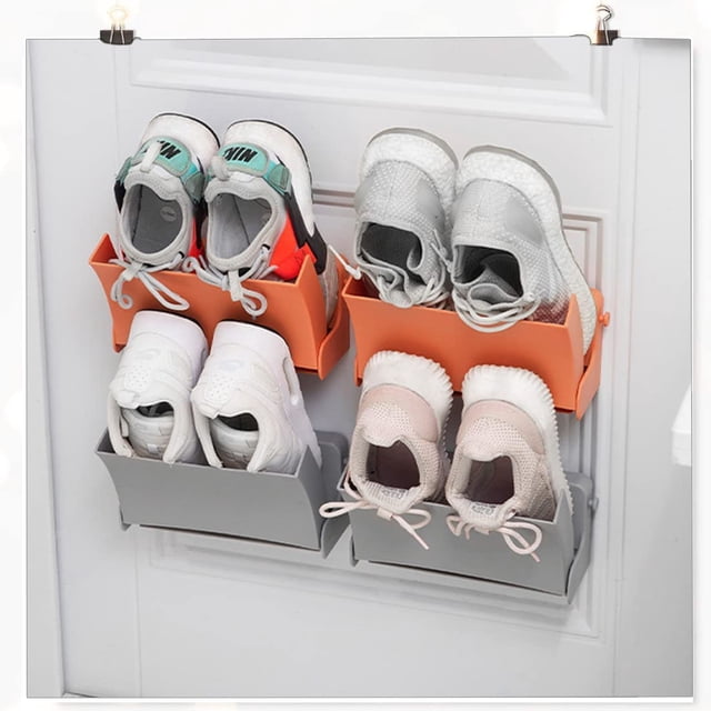 Zapatero plegable de pared de 2 piezas, gris y naranja, 22,5 x 10,5 x 6,5 cm. No requiere taladros. Estante compacto para abrigos y pasillos.