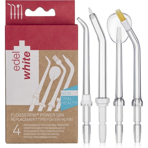 edel white Flosserpik WJ180 Replacement Tips Set, Replacement Nozzles for Oral Irrigator, Flosserpik Power Spa, Pack of 4, Water Flosser Nozzles for Dental Care and Teeth Cleaning