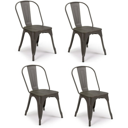 Vintage Salterini Patio Set SET OF 4 WRIGHT Tolix Style Metal Chairs MATTE ESPRESSO w/ Wooden Seat, Sturdy/ Stack-able Vintage Style Chairs for Indoor / Outdoor use in Home, Bistro, Cafe, Restaurant, Bar ()