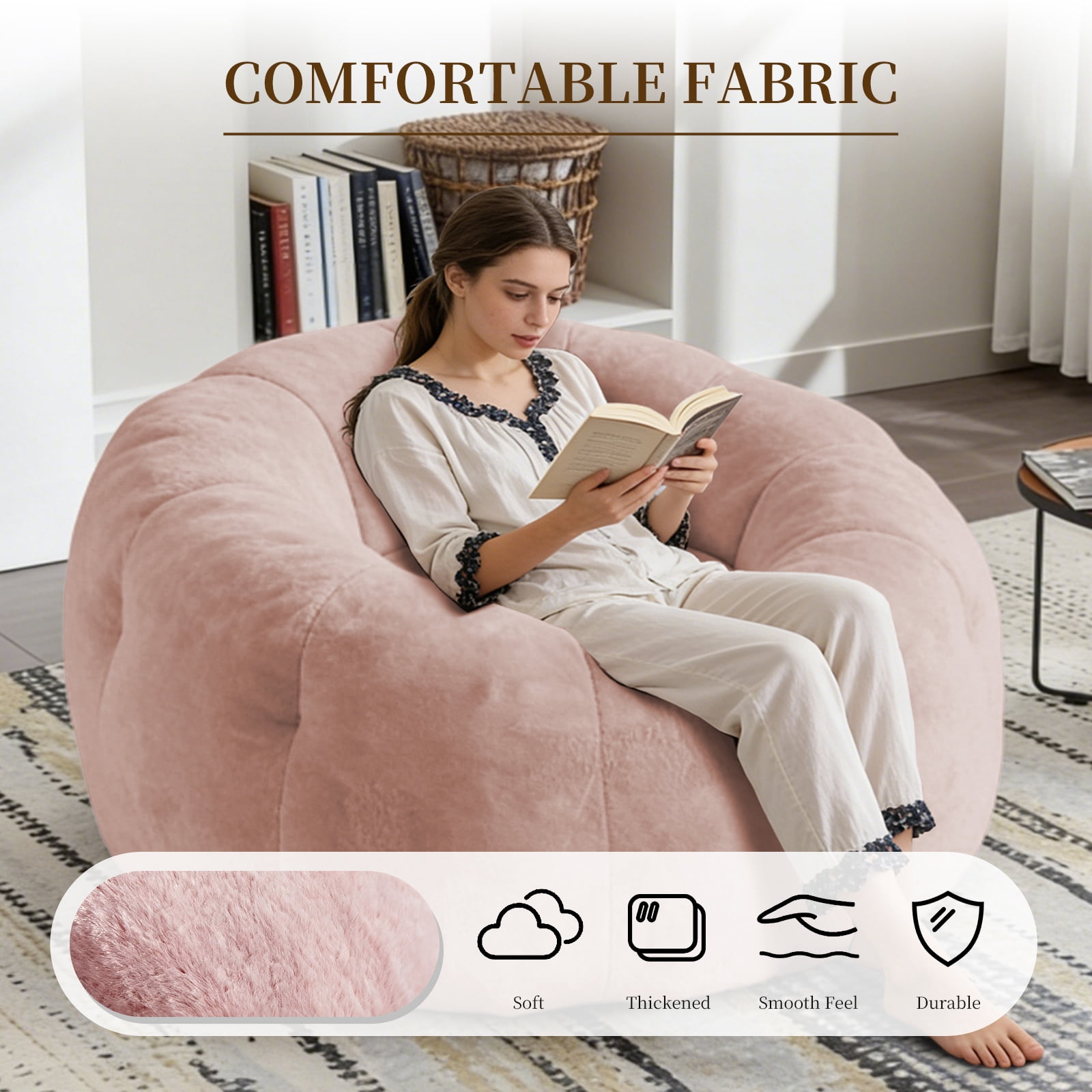 MOONMISS Round Floral Bean Bag Chair Large Soft Body-Contouring Lounger for Living Room Bedroom,Pink