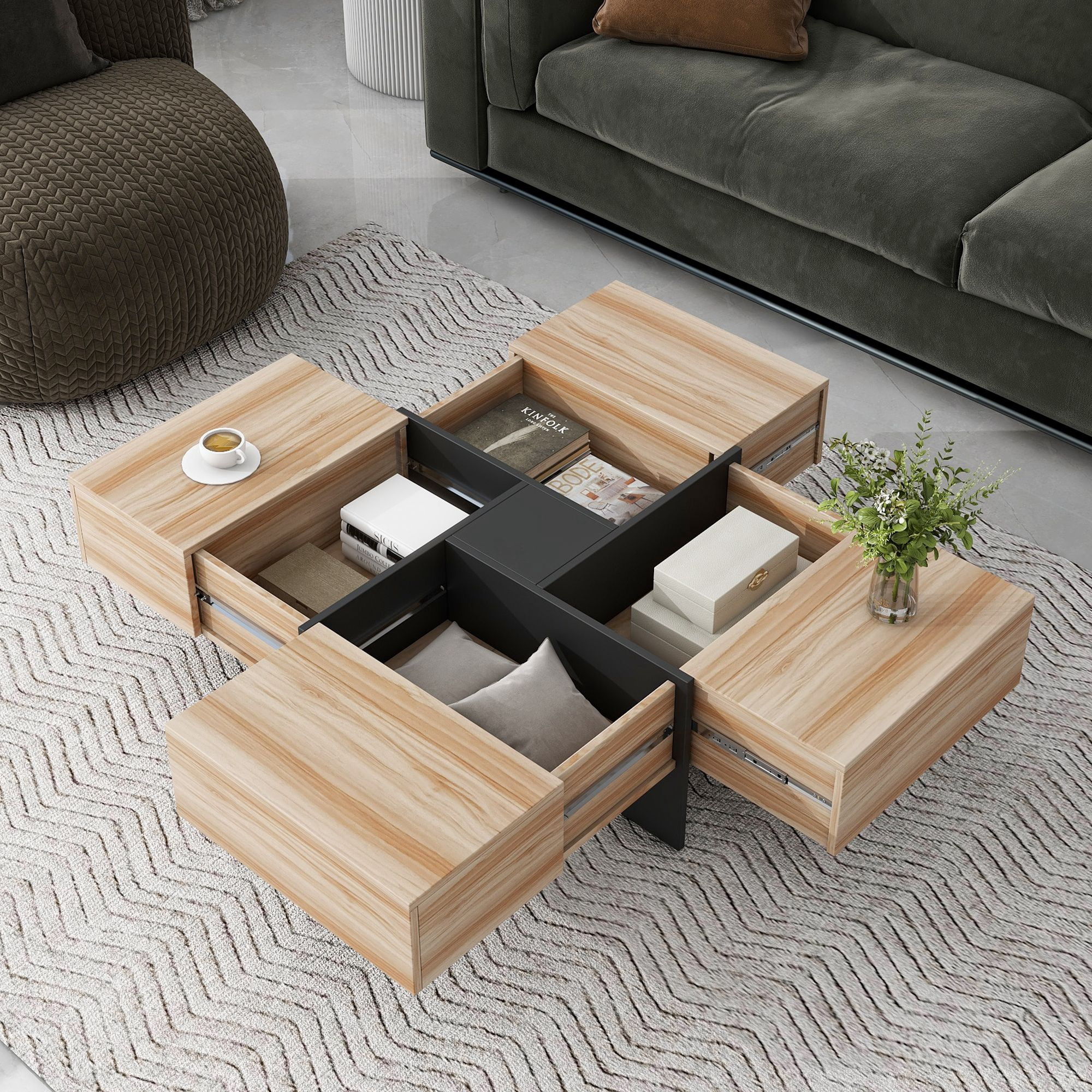 Momspeace Modern Coffee Table with Extendable Sliding Tabletop and 4 Hidden Storage Drawers, UV High-gloss End Table for Living Room - Brown