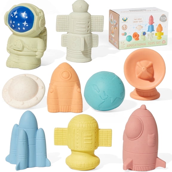 AMCHSURI Mold-Free Bath Toys   No Holes for Toddlers, 9-Pack Astronaut & Rocket Ship Toys