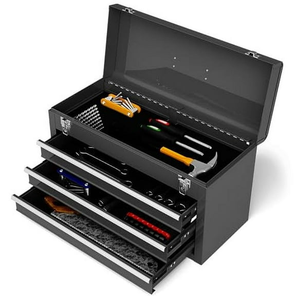 IRONMAX Portable Tool Box, 20.5’’ Lockable Steel Tool Chest Cabinet w/Comfortable Handle & 3 Drawers, Heavy Duty Storage Toolbox Tool Organizer for Garage, Warehouse, Home (Black)